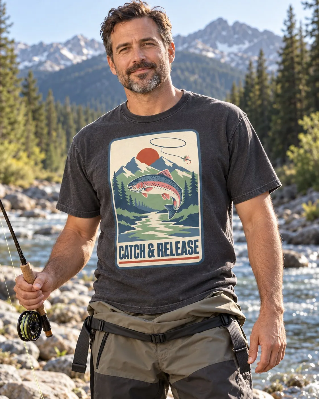 Model wearing the Catch & Release fishing shirt