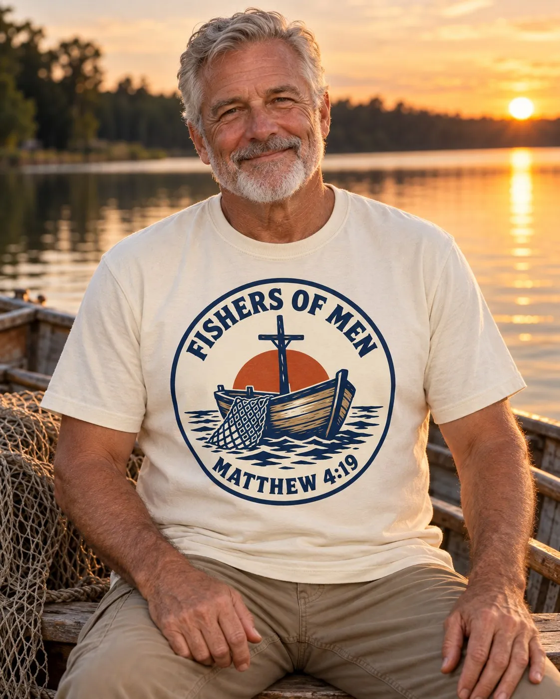 Model wearing the Fishers of Men fishing shirt