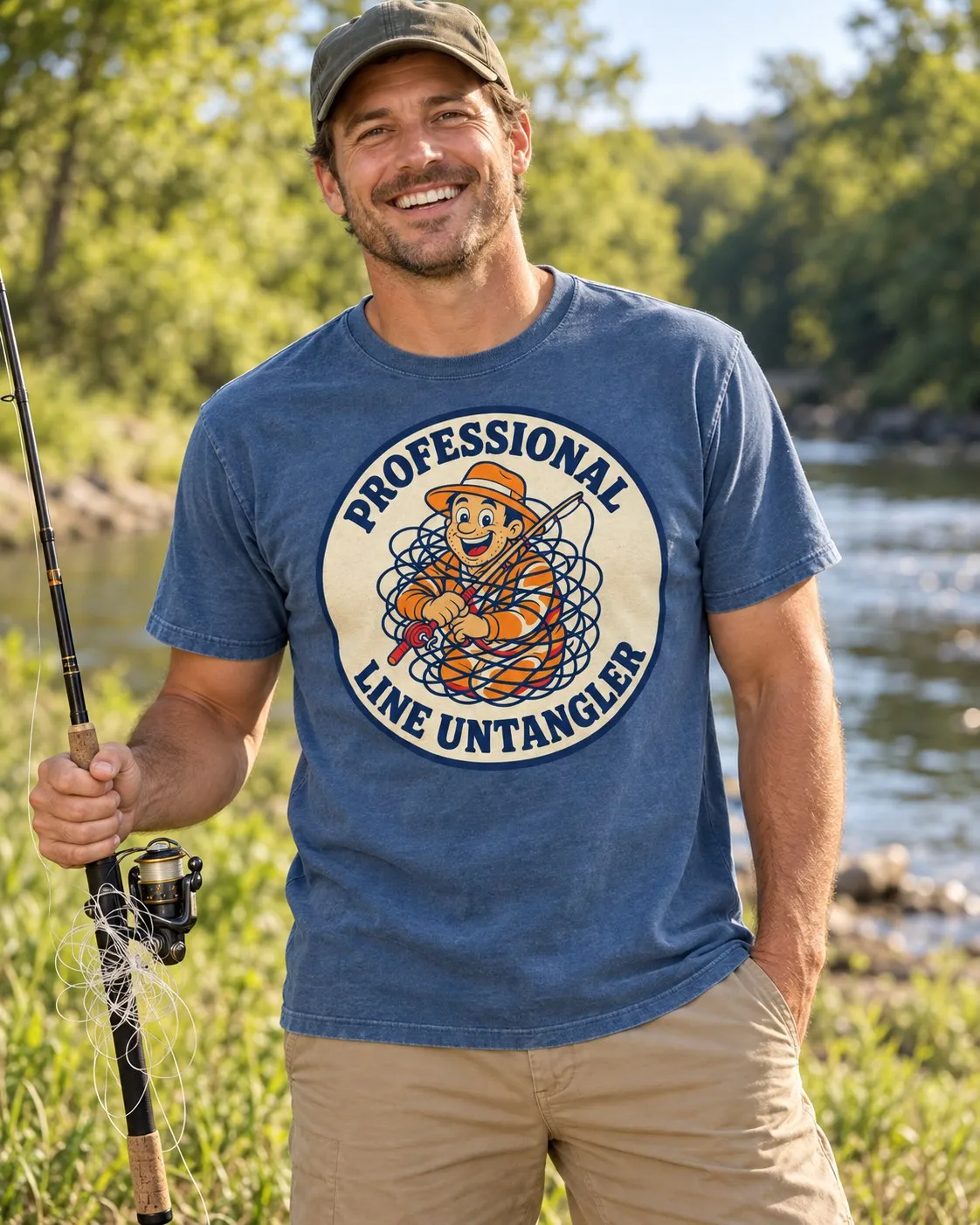 Model wearing the Professional Line Untangler fishing shirt